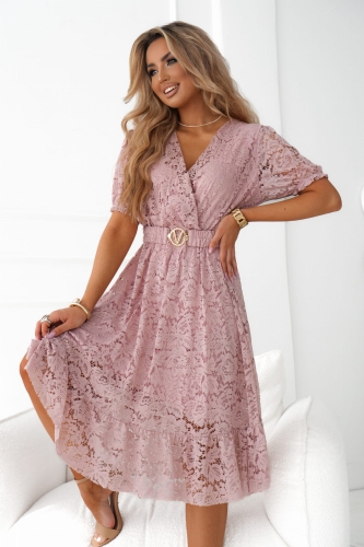 Sukienka koronkowa z falbanką puder