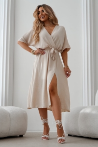 Sukienka Kopertowa Klasyczna z wiązaniem beżowa