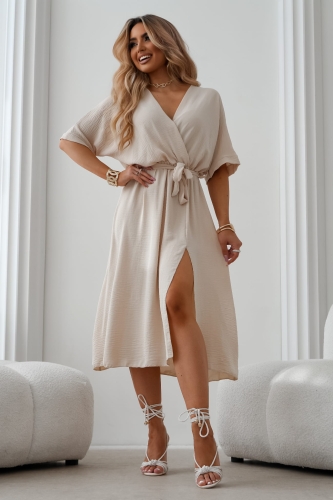Sukienka Kopertowa Klasyczna z wiązaniem beż (2).jpeg