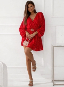 Kombinezon Koronkowy Długi rękaw z paskiem V czerwony
