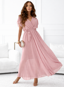 Sukienka kopertowa Piórka Maxi Prosta Gładka Pudrowy Róż