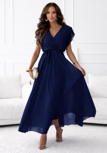 Sukienka kopertowa Piórka Maxi Prosta Gładka Granatowa