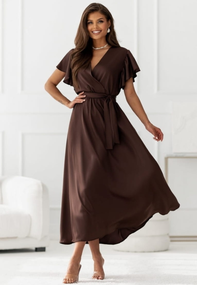 Sukienka Maxi satyna piórka czekoladowa