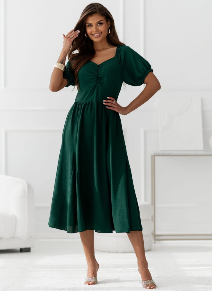 Sukienka Eloise z bufiastymi rękawkami butelkowa zieleń