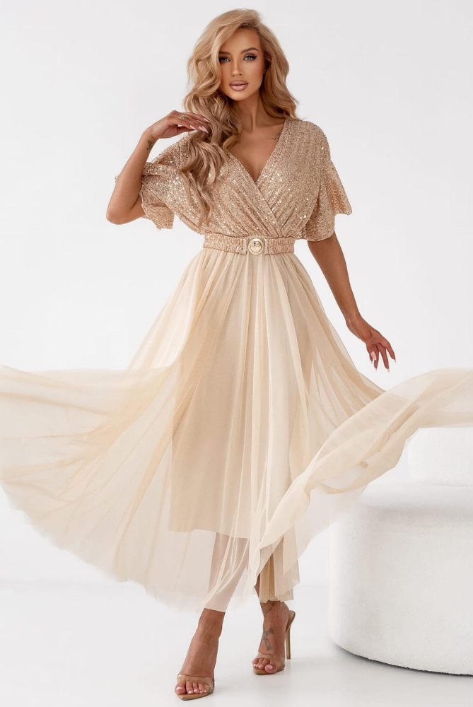 Sukienka kopertowa Maxi złota z cekinami 