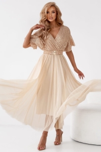 Sukienka kopertowa Maxi złota z cekinami 