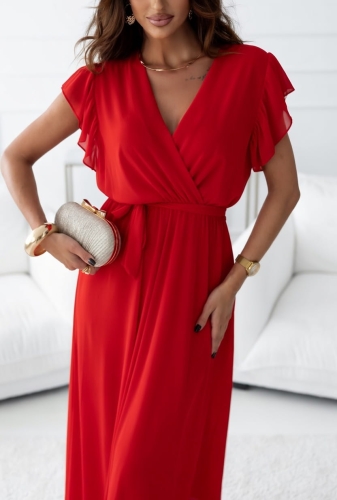 Sukienka kopertowa Piórka Maxi Prosta Gładka Czerwona
