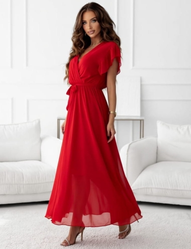 Sukienka kopertowa Piórka Maxi Prosta Gładka Czerwona