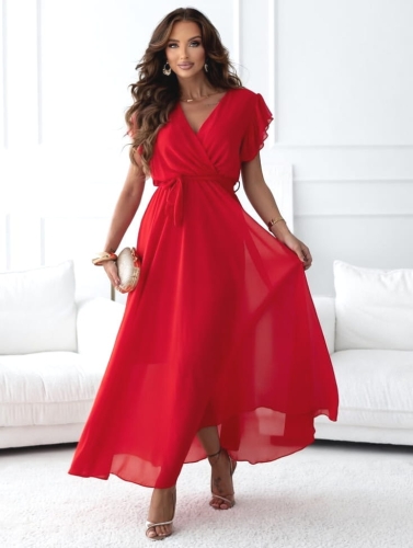 Sukienka kopertowa Piórka Maxi Prosta Gładka Czerwona