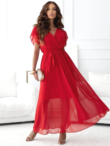 Sukienka kopertowa Piórka Maxi Prosta Gładka Czerwona