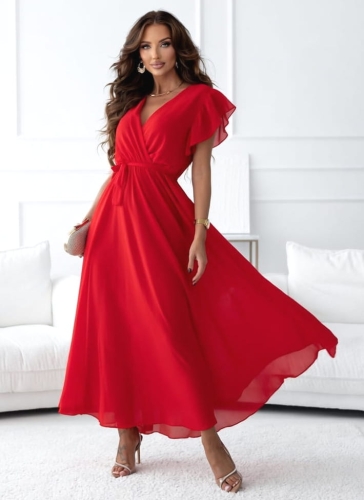 Sukienka kopertowa Piórka Maxi Prosta Gładka Czerwona