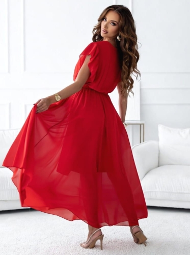 Sukienka kopertowa Piórka Maxi Prosta Gładka Czerwona