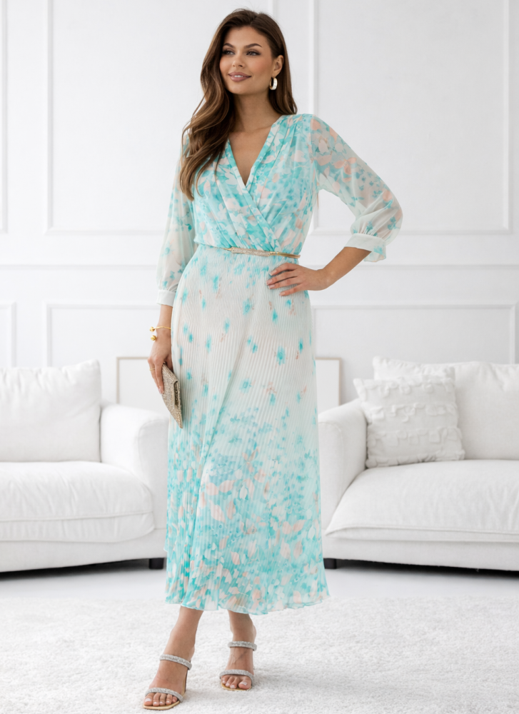 Sukienka Susane długi rękaw kwiatki mięta