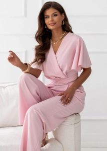 Kombinezon kopertowy z krótkim rękawem i prostą nogawką różowy