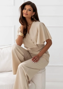 Kombinezon kopertowy z krótkim rękawem i prostą nogawką beżowy