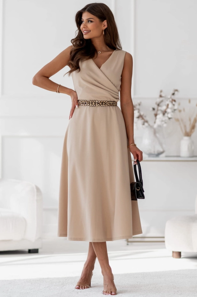 Sukienka rozkloszowana Midi bez rękawów beżowa