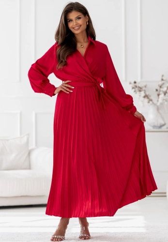 Sukienka Maxi satyna plisa z rękawem czerwona (2).jpg