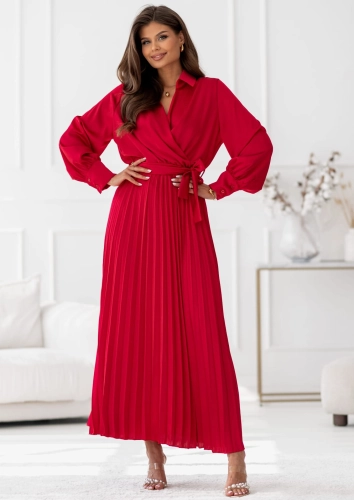Sukienka Maxi satyna plisa z rękawem czerwona (3).jpg
