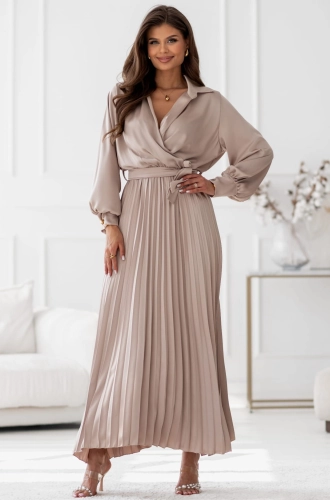 Sukienka Maxi satyna plisa z rękawem beżowa  (1).jpg