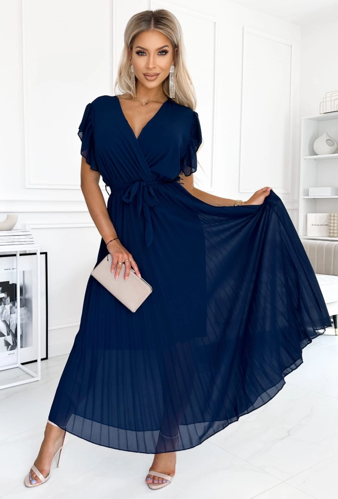 Sukienka kopertowa Piórka Plisa Maxi Gładka granatowa