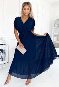 Sukienka kopertowa Piórka Plisa Maxi Gładka granatowa