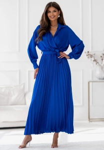 Sukienka Maxi satyna plisa z rękawem chabrowa