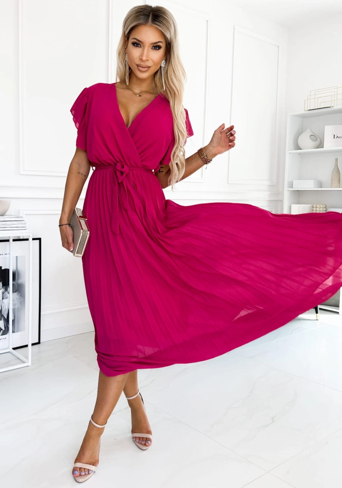 Sukienka kopertowa Piórka Plisa Maxi Gładka fuksja 