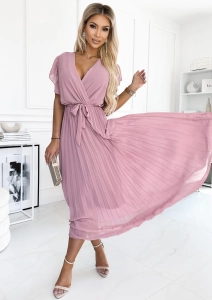 Sukienka kopertowa Piórka Plisa Maxi Gładka pudrowy róż 