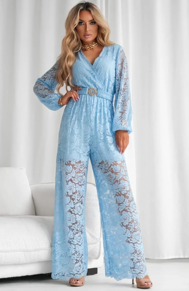 Kombinezon koronkowy V długi rękaw plus pasek niebieski