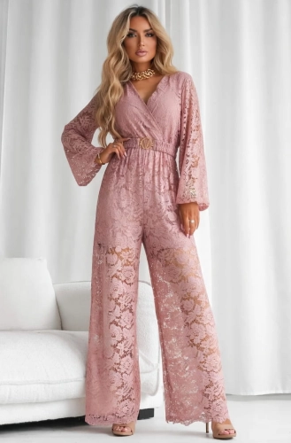 Kombinezon koronkowy V długi rękaw plus pasek pudrowy róż