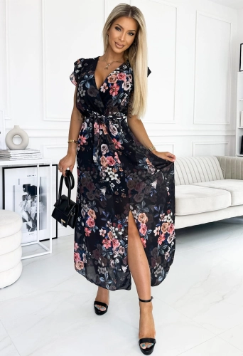Sukienka Czarna kwiatki piórka z rozcięciem MAXI   (3).jpg