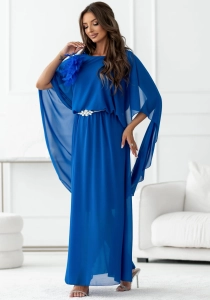 DUŻY ROZMIAR Sukienka NIMFA Maxi z efektownym rękawem chabrowa 