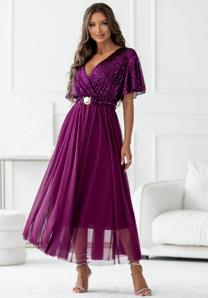 Sukienka kopertowa Maxi śliwka z cekinami  