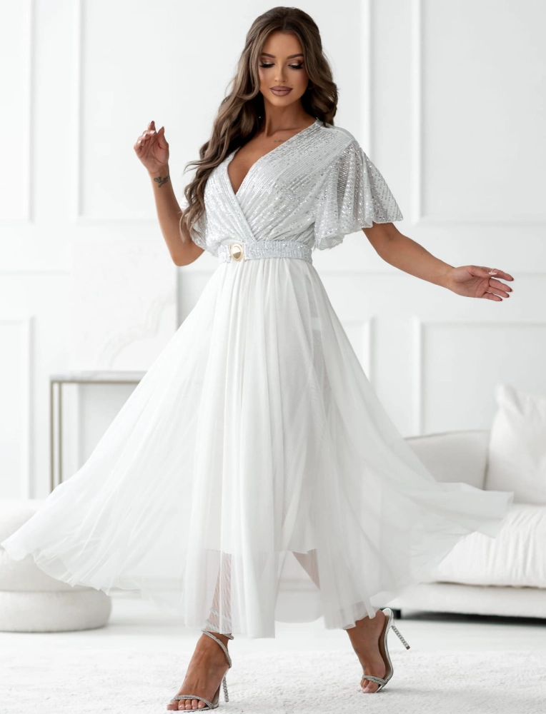 Sukienka kopertowa Maxi biała z cekinami 