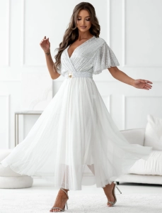 Sukienka kopertowa Maxi biała z cekinami 