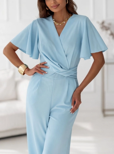 Kombinezon kopertowy z krótkim rękawem i prostą nogawką niebieski