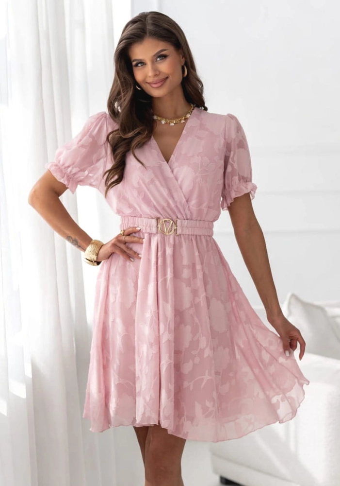 Sukienka Sora efektowna tkanina 3D MINI z paskiem różowa