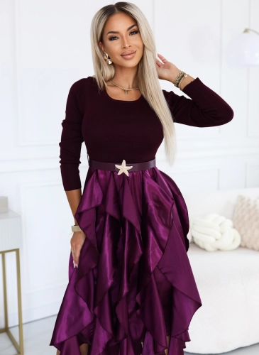 Sukienka Amore midi z Satynowymi Falbanami śliwka (4).JPG