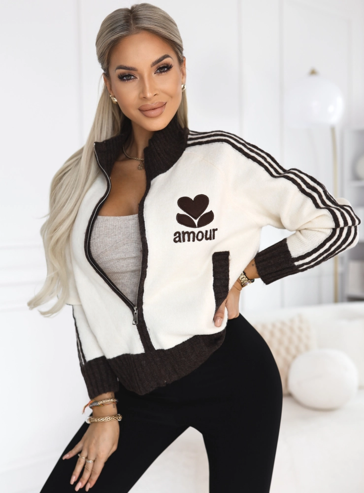 Sweter Rozpinany z Domieszką Wełny kremowy