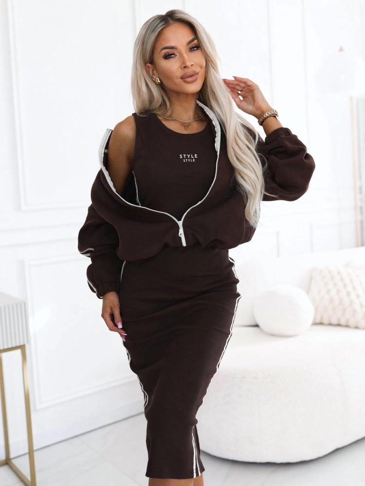 Komplet Bluza Rozpinana plus Sukienka Lampasy czekoladowy