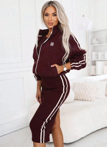 Komplet Bluza Rozpinana plus Sukienka Lampasy śliwka