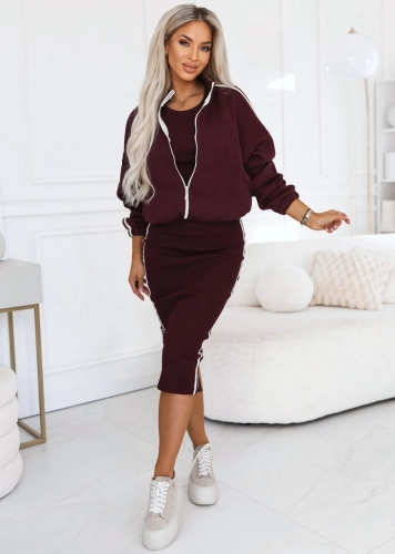 Komplet Bluza Rozpinana plus Sukienka Lampasy śliwka