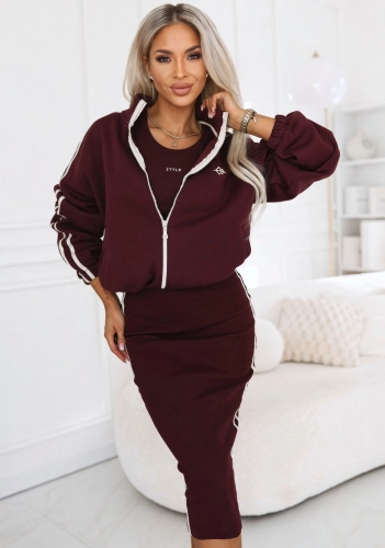 Komplet Bluza Rozpinana plus Sukienka Lampasy śliwka